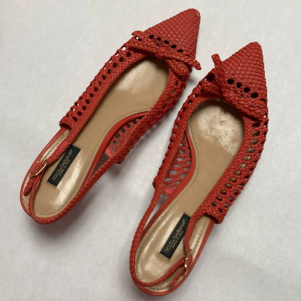 Dolce Gabbana coral basket leather weave kitten heels 40.5 9.5 10 - Picture 2 of 6